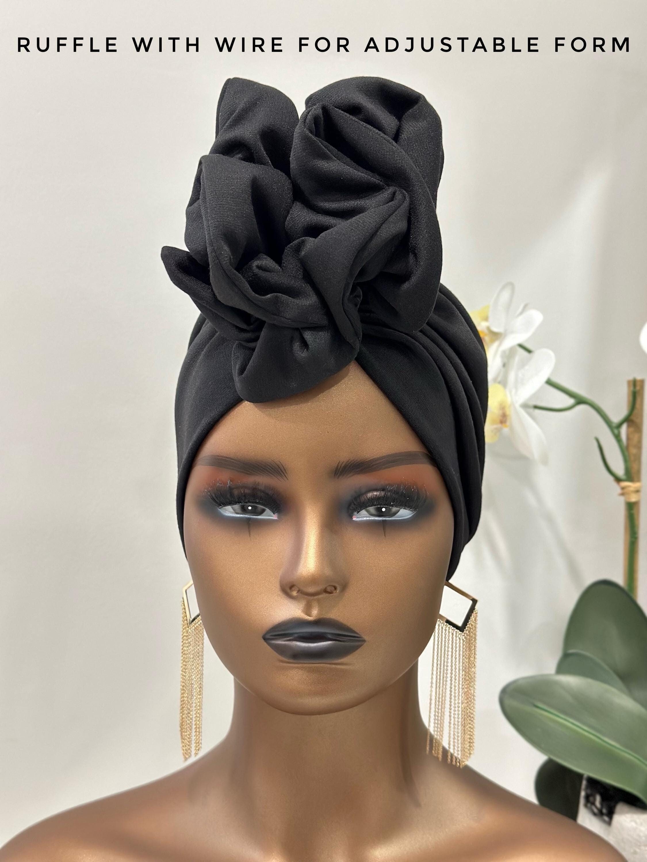 Black Turban Hat | Pretied Head Scarf | Women Headwear | Ruffled-Design Turban | Gift for Women
