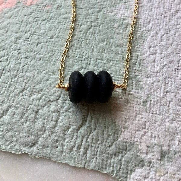 Black Sea Glass Gold Fill Necklace