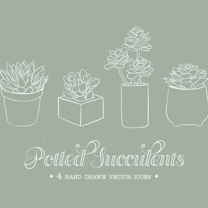 May include: Four hand-drawn illustrations of potted succulents. The succulents are in different styles of pots, including a square pot, a round pot, and a tall cylinder pot. The illustrations are in white on a light green background.