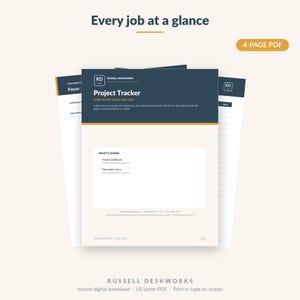 Puede incluir: Un rastreador de proyectos digital con el texto "Every job at a glance". La portada es azul marino con texto blanco y las palabras "Project Tracker". El documento es un PDF de 4 páginas. La parte inferior del documento dice "Descarga digital instantánea US Letter PDF."