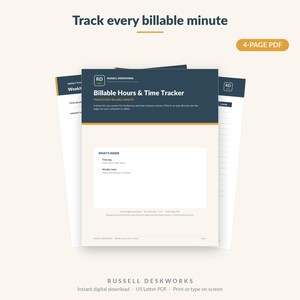 Puede incluir: Un conjunto de documentos PDF imprimibles para el seguimiento de las horas facturables. El documento principal es azul marino y blanco con el texto "Billable Hours & Time Tracker". Los documentos incluyen secciones para registros de tiempo y totales semanales. El texto "Track every billable minute" está en la parte superior.