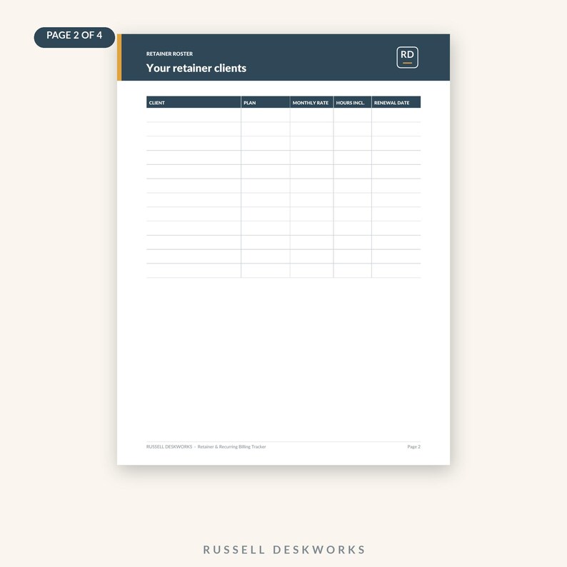 Retainer Client Tracker Printable | Recurring Billing & Hours-used Log ...
