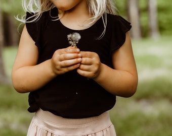 Bamboo flutter top, Girls ruffle top, Girls black ruffle tee, Floral ruffle sleeve baby shirt, Girls ruffled sleeve top, Bamboo baby clothes