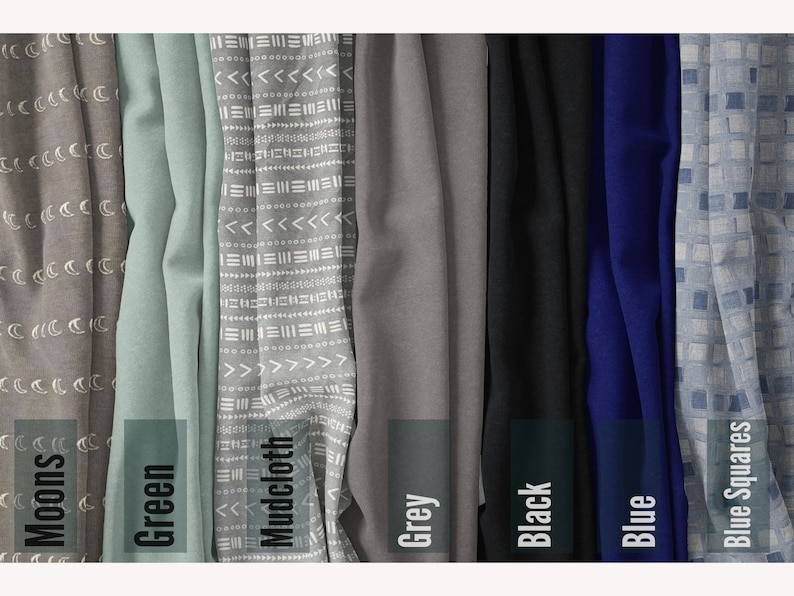 Puede incluir: Una colecci&oacute;n de muestras de tela en varios colores y patrones, incluyendo gris con un patr&oacute;n de luna, verde, gris con un patr&oacute;n geom&eacute;trico, gris, negro, azul y azul con un patr&oacute;n cuadrado. Las muestras de tela est&aacute;n etiquetadas con sus nombres: Moons, Green, Mudcloth, Grey, Black, Blue y Blue Squares.