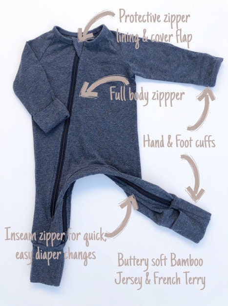 Zipper Sleeper Bamboo Baby Pajamas With Inseam Zipper for Easy Diaper Changes Gray Floral Baby Footie Pajamas Bodysuit Jumper Etsy Canada