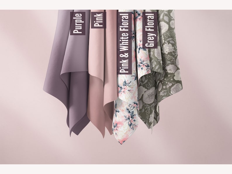 May include: Four fabric swatches hanging from the top of the image. The swatches are labeled "Purple", "Pink", "Pink & White Floral", and "Grey Floral".
