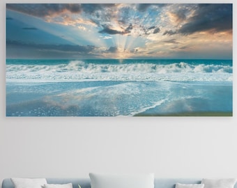 Large Beach Wall Art, Panoramic Ocean Sunset Print for Coastal Decor