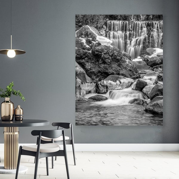 Black and White Waterfall Print, Large Metal/Canvas Wall Art, Northern California Photography, Sepia Nature Print, Mc Clouds Falls