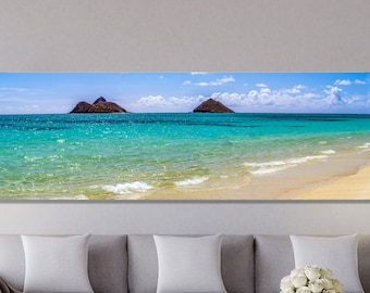 Lanikai Beach Print, Hawaii Ocean View Wall Art, Oahu Photography, Mokulua Islands Landscape, Metal Canvas Art