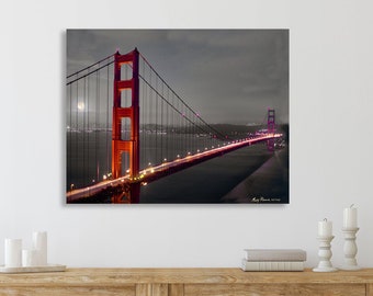 San Francisco Metal Print, Golden Gate Bridge Wall Art, California Canvas Photo, Full Moon  California Photography