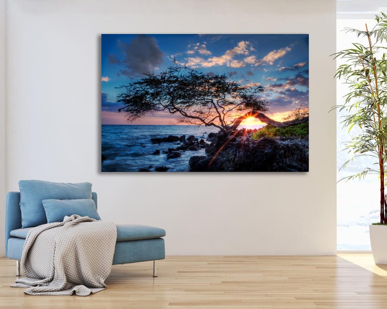 May include: A canvas print of a coastal sunset scene. The image features a silhouetted tree on a rocky shore, with the sun setting behind it, casting a warm glow. The sky is a mix of blue, orange, and pink hues, with some clouds.