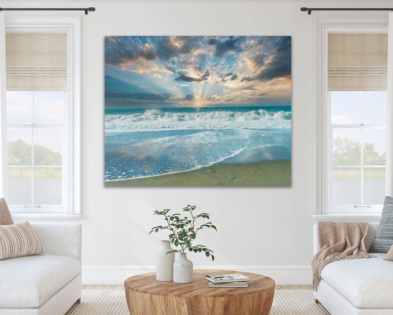 Large Beach Photo, Coastal Aluminum Metal Wall Art, Oversized Seascape Canvas Print, Baker Beach San Francisco, Teal Seascape Print image 2