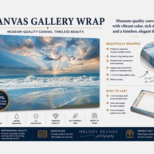 May include: A canvas gallery wrap featuring a seascape with a vibrant sky and ocean. The artwork is described as museum-quality with long-lasting colors and a seamless look. The canvas is 1.5 inches deep and ready to hang.