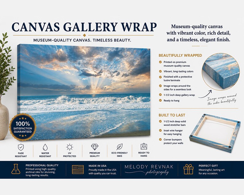 May include: A canvas gallery wrap featuring a seascape with a vibrant sky and ocean. The artwork is described as museum-quality with long-lasting colors and a seamless look. The canvas is 1.5 inches deep and ready to hang.