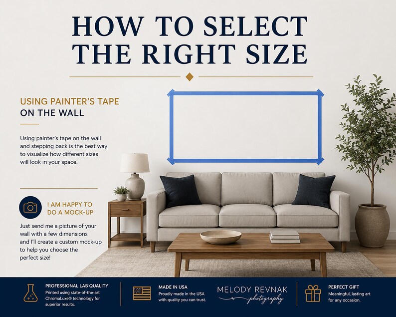 May include: A room setting with a beige sofa, black pillows, and a wooden coffee table. The text "HOW TO SELECT THE RIGHT SIZE" is at the top. Blue painter's tape outlines a rectangle on the wall, demonstrating how to visualize art sizes.