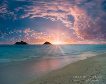 Lanikai Beach Sunrise Print, Oahu Hawaii Wall Art, Coastal Landscape Photography, Metal Canvas