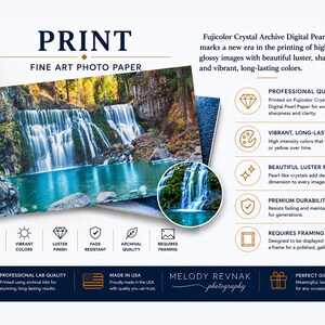 May include: Fine art photo paper print featuring a waterfall scene with vibrant colors and sharp details. The print is made with archival quality inks and requires framing. The text on the print says "PRINT FINE ART PHOTO PAPER".