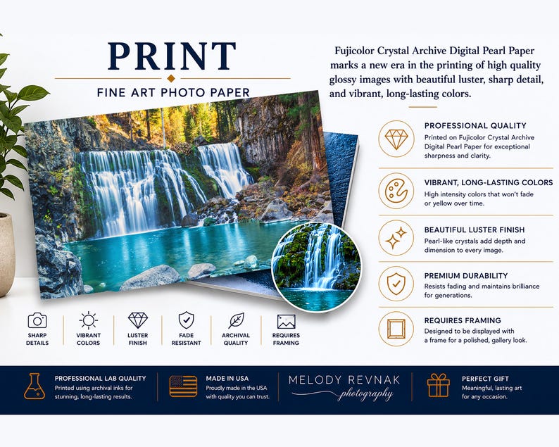 May include: Fine art photo paper print featuring a waterfall scene with vibrant colors and sharp details. The print is made with archival quality inks and requires framing. The text on the print says "PRINT FINE ART PHOTO PAPER".