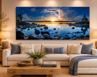 Lake Tahoe Print, Panoramic Sunset Triptych Wall Decor in Metal or Canvas