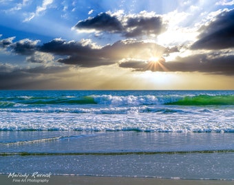 Ocean Sunset Aluminum Print, Large California Seascape Wall Art, Coastal Wall Decor, Beach Picture, Green Blue Golden Photo