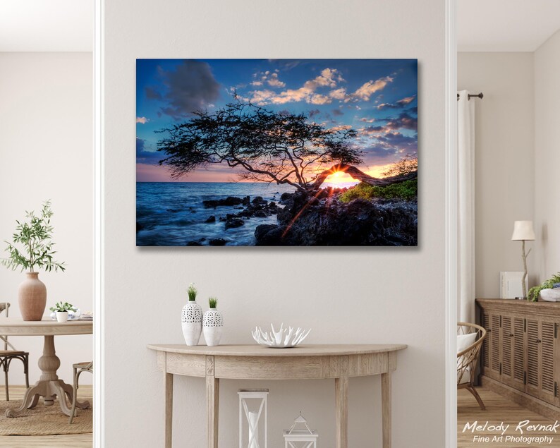 May include: A scenic canvas print of a sunset over the ocean. The image features a silhouetted tree with a vibrant sky of blues, oranges, and yellows. The ocean's waves crash against the rocky shore, creating a dramatic landscape.