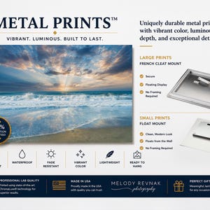 May include: Metal prints featuring a vibrant ocean scene with a sunset. The prints are described as durable, with vibrant color and luminous depth. The image also highlights features like scratch resistance, waterproof, and fade resistance. The text reads "Metal Prints" and "Vibrant, Luminous, Built to Last."