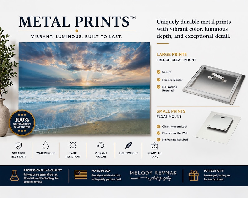 May include: Metal prints featuring a vibrant ocean scene with a sunset. The prints are described as durable, with vibrant color and luminous depth. The image also highlights features like scratch resistance, waterproof, and fade resistance. The text reads "Metal Prints" and "Vibrant, Luminous, Built to Last."