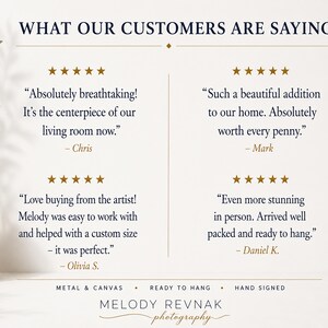 May include: A cream-colored wall art print with the text "WHAT OUR CUSTOMERS ARE SAYING" and customer testimonials. The print includes gold stars, the artist's name, and the phrases "METAL & CANVAS", "READY TO HANG", and "HAND SIGNED".
