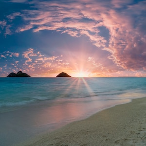 Lanikai Beach Sunrise Wall Art – Hawaii Ocean Landscape Photography Print – Tropical Coastal Décor on Aluminum Metal, Canvas, or Fine Art