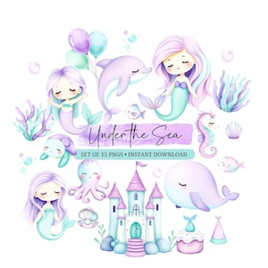 Pastel zeemeermin clipart - aquarel - onder de zee - png - zeedieren - commerciële licentie - schattige clipartbundel - zeedieren - oceaan