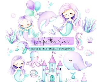 May include: A set of 15 watercolor illustrations featuring a mermaid, a dolphin, a whale, an octopus, a seahorse, a turtle, a castle, a seashell, a cake, a party hat, and seaweed. The illustrations are in shades of purple, blue, and green. The text "Under the Sea" is written in a whimsical font.
