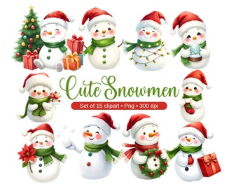 Cute snowman clipart - Watercolor  - Christmas Clipart - Winter clipart - Sublimination - Snowman clipart bundle - Commercial license - PNG