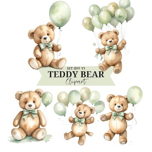 Clipart teddybeer en ballon - aquarel - babyshower - saliegroen - direct downloaden - schattige beer - kwekerij - png - vliegende beer