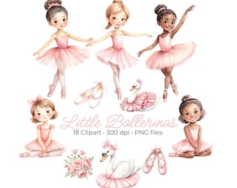 May include: A set of 18 digital clipart images featuring watercolor illustrations of ballerinas and swans. The ballerinas are wearing pink tutus and have different hair colors and skin tones. The swans are white with pink accents. The text "Little Ballerinas" is included in the image.
