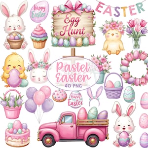 Pastel Pasen Clipart - aquarel - schattige Pasen Png - paassublimatie - konijn - kuiken - dessert - paasei - bloemen - commercieel gebruik