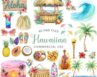 May include: Watercolor illustrations of Hawaiian themed items, including a tiki bar, surfboard, ukulele, and tropical fruits. The image includes the text "Aloha", "Luau", and "Hawaiian Commercial Use".