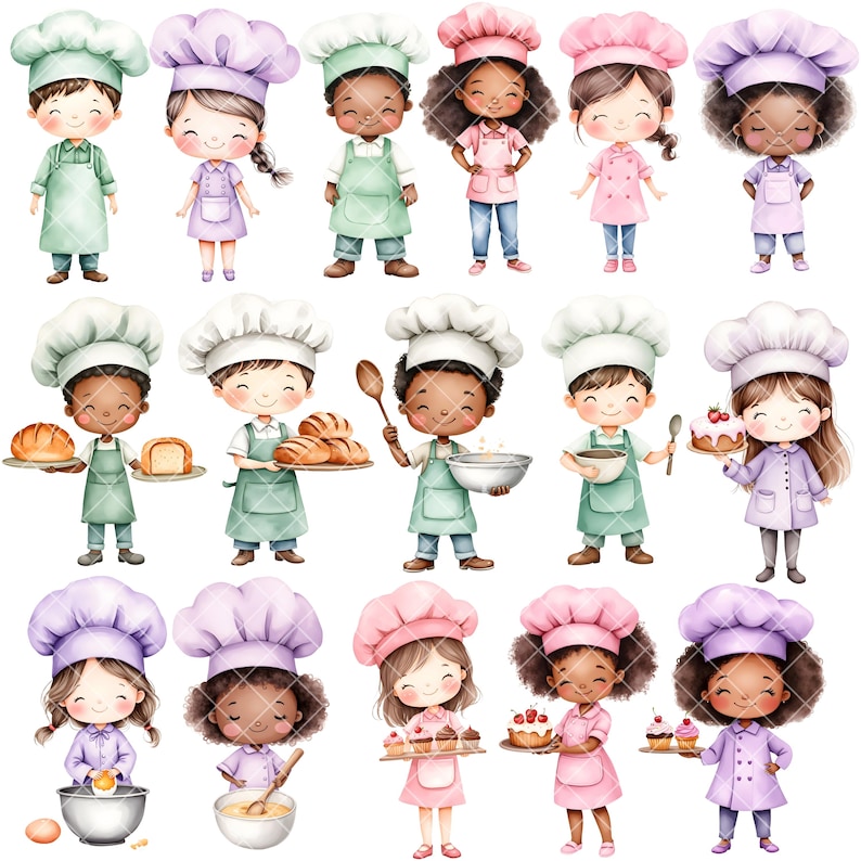 May include: A set of 15 watercolor illustrations of children dressed as bakers. The children are wearing various colored chef hats and aprons. Some are holding baking supplies, such as bread, cake, and a whisk.