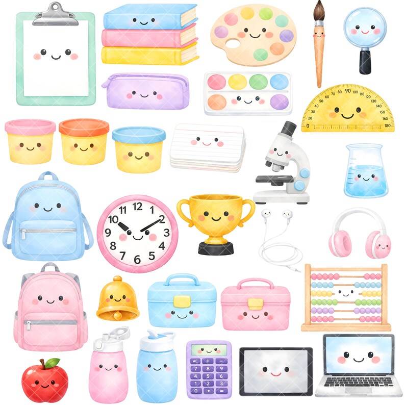 May include: A collection of watercolor illustrations of school supplies and stationery. Includes a clipboard, books, pencil case, paint palette, brush, magnifying glass, protractor, microscope, beaker, backpacks, clock, trophy, headphones, bell, lunchboxes, abacus, water bottles, calculator, tablet, apple, and laptop.
