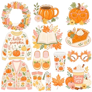 May include: A collection of autumn-themed illustrations featuring a book wreath, a pumpkin mug, a pumpkin with glasses, a sweater with the text hello pumpkin, an open book, a slice of pie, slippers, a cup, leaf glasses, socks, and a coffee cup.