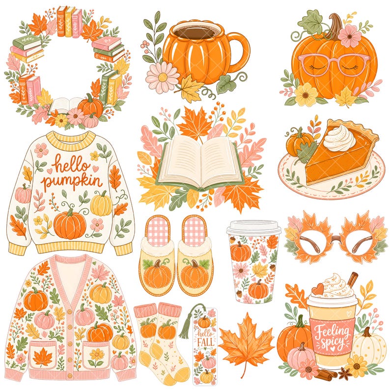 May include: A collection of autumn-themed illustrations featuring a book wreath, a pumpkin mug, a pumpkin with glasses, a sweater with the text hello pumpkin, an open book, a slice of pie, slippers, a cup, leaf glasses, socks, and a coffee cup.