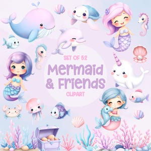 Schattige zeemeermin clipart - aquarel - onder de zee - png - direct downloaden - kinderen clipart - transparante achtergronden - zeedieren - pastel