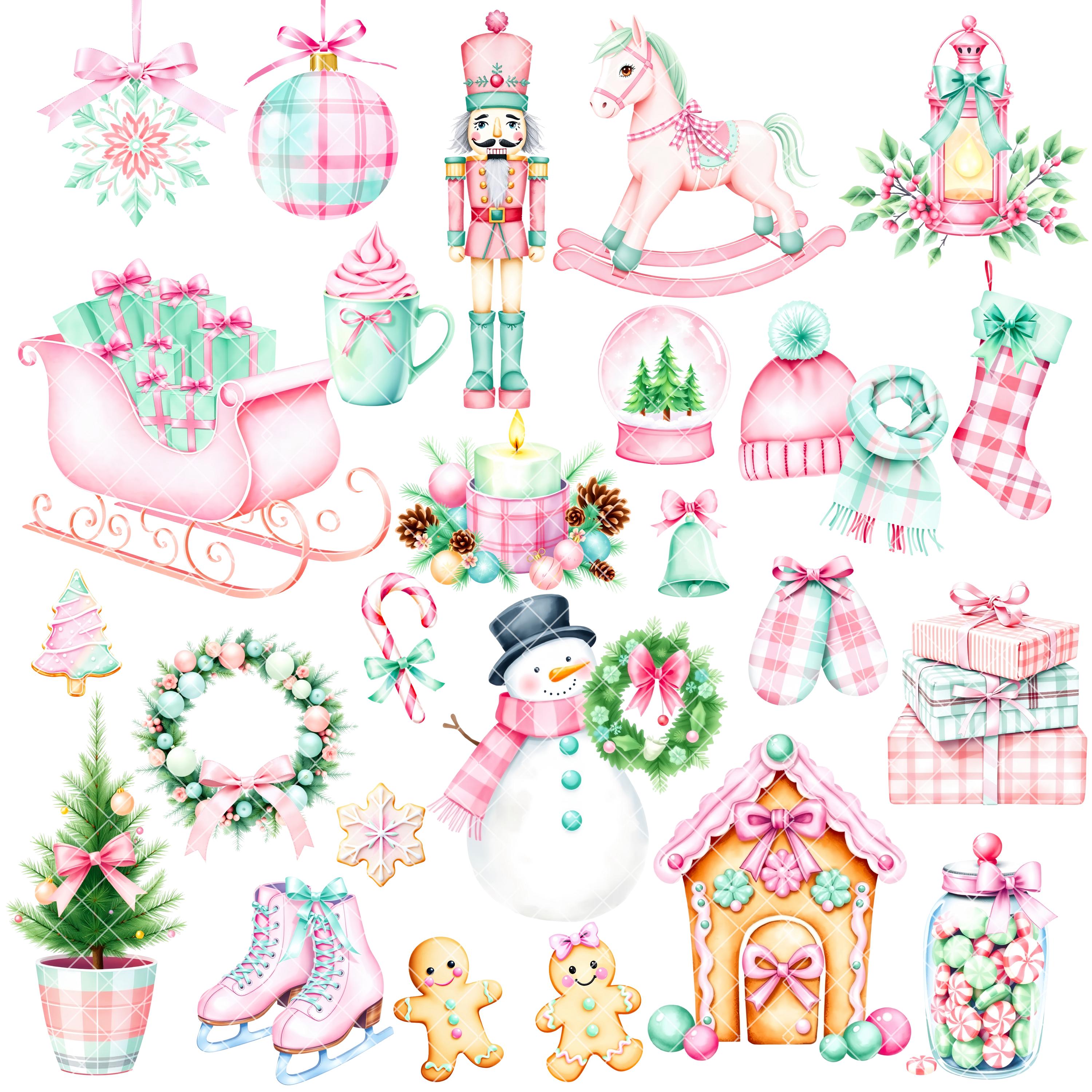 Pink & Mint Christmas Clipart - Watercolor - Preppy Christmas - PNG ...