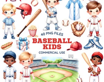 Baseball Kids Clipart - Watercolor - Cute Baseball Png - Sports Clipart - Baseball Sublimination - Commercial License