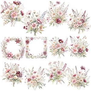 May include: A set of 10 watercolor illustrations featuring delicate bouquets of pink, white, and burgundy wildflowers. The illustrations are perfect for adding a touch of nature to any project.