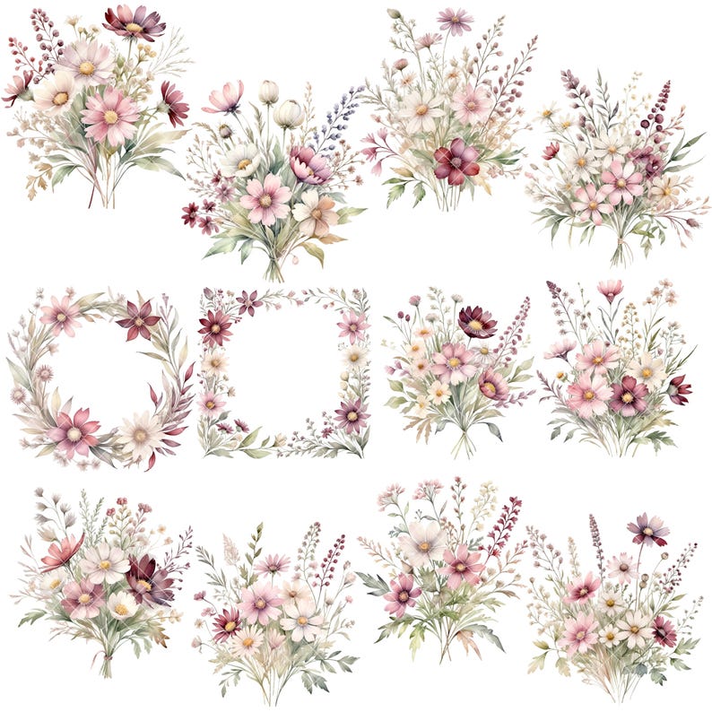 May include: A set of 10 watercolor illustrations featuring delicate bouquets of pink, white, and burgundy wildflowers. The illustrations are perfect for adding a touch of nature to any project.