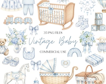 Vintage Blue Baby Clipart - Watercolor - Toile - Floral - Nursery Art - Baby Shower Clipart - Digital Download - Commercial Use