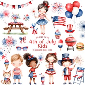May include: Watercolor illustrations featuring children, fireworks, and patriotic symbols for the 4th of July. Includes a picnic table, balloons, an American flag, and the text "4th of July Kids".