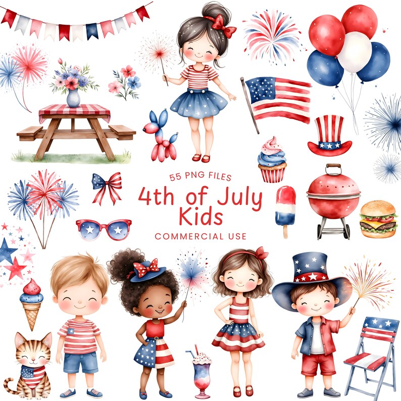 May include: Watercolor illustrations featuring children, fireworks, and patriotic symbols for the 4th of July. Includes a picnic table, balloons, an American flag, and the text "4th of July Kids".