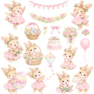 May include: Watercolor illustrations of Easter bunnies in pink dresses, flower crowns, and baskets. The image includes a cake, a kite, a balloon, and floral garlands. The bunnies are holding eggs and bouquets, creating a festive and cheerful scene.