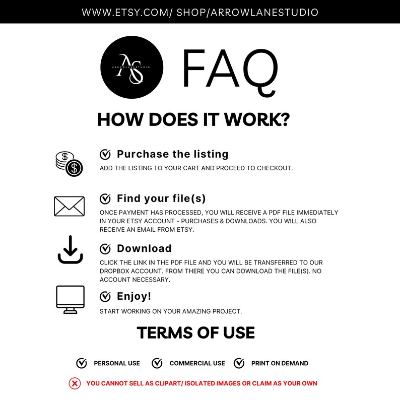 May include: A white graphic with the text "FAQ" and instructions on how to purchase and download a file. The image includes icons for purchasing, finding files, downloading, and enjoying the product. Terms of use are also listed.